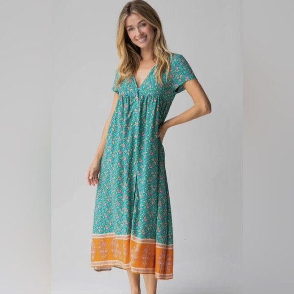 Natural Life Avery Midi Dress in Teal and Orange Boho Floral Pockets Cottagecore - Picture 4 of 14